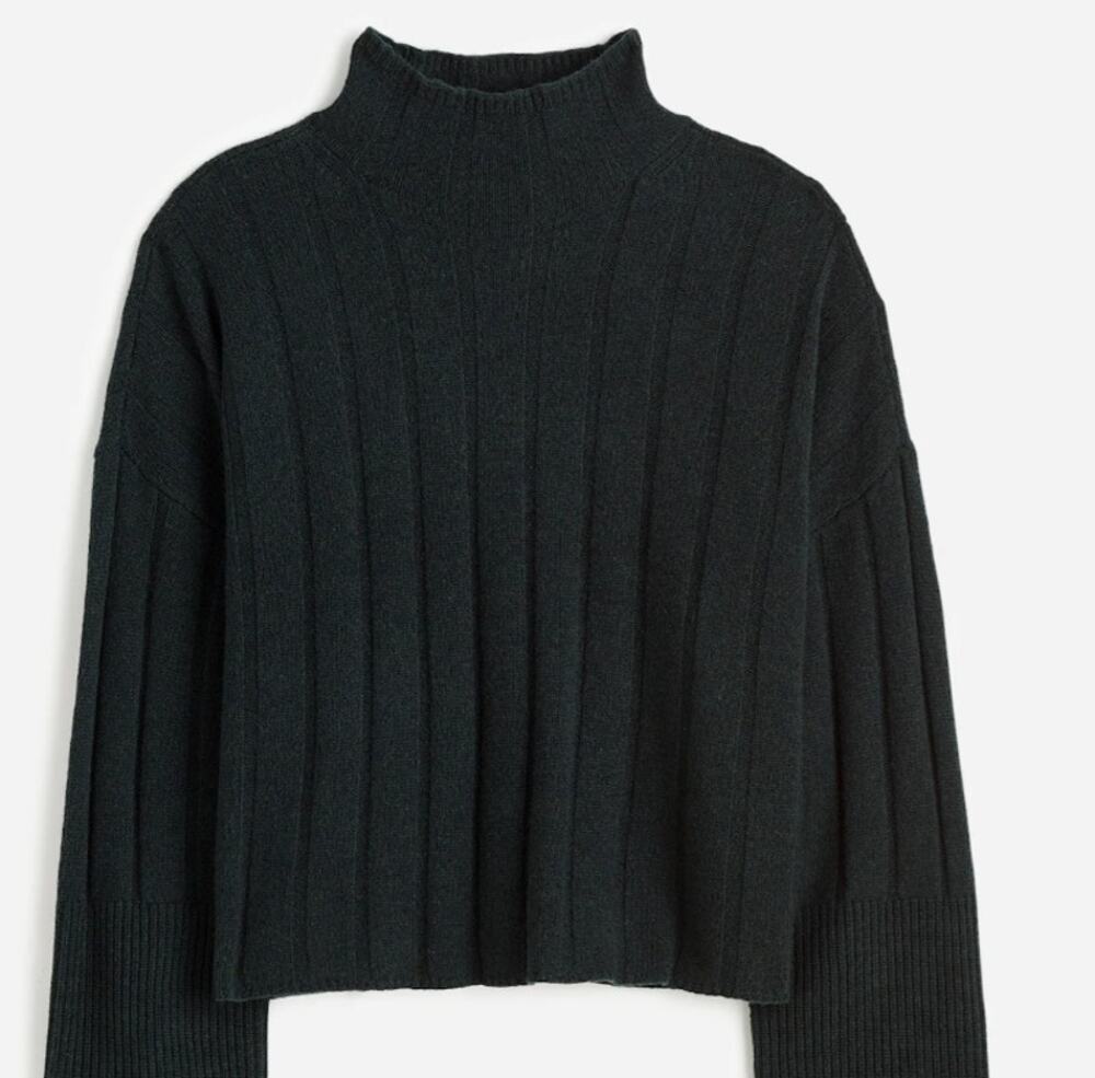 Madewell Small Black Wide Rib Knit Relaxed Mockneck Cashmere Wool Sweater